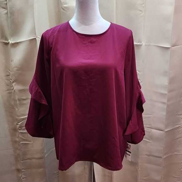 Alfani Dark Pink Ruffle Sleeve Popover Blouse Size Large Petite - Picture 1 of 10